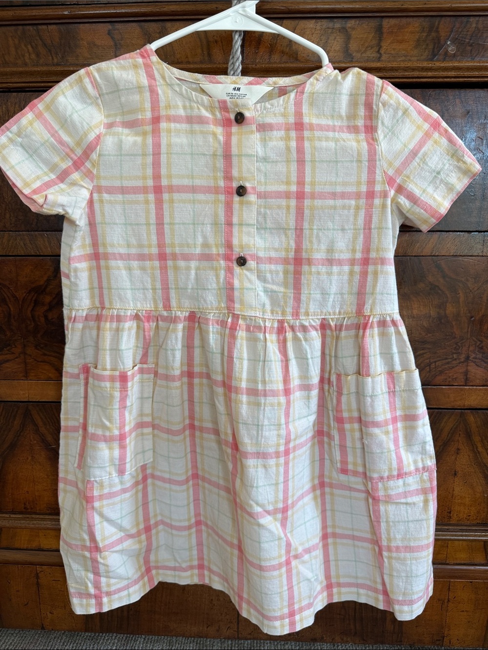 H&M Pink Cream Plaid Short Sleeve Button Front Dress